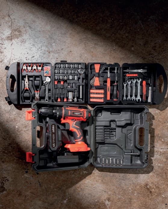 COMBO TALLER NAPPO: KIT TALADRO DE IMPACTO 16 PCS NHK-217 + KIT HERRAMIENTAS MANUALES NHK-052 1
