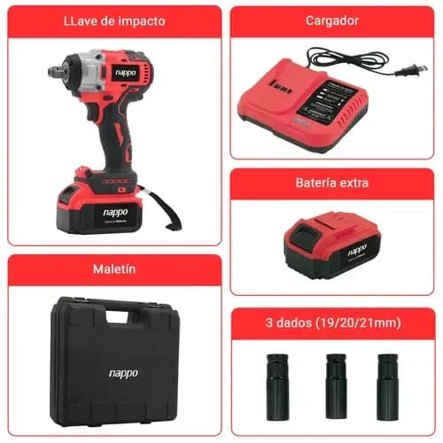 COMBO TALLER NAPPO: LLAVE DE IMPACTO INALÁMBRICA NHTI-244 + KIT CAJA DE DADOS 40 PCS NHK-047 3