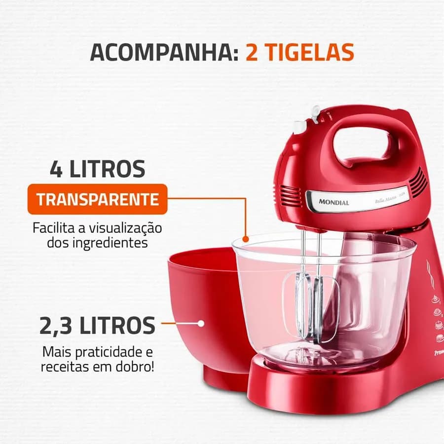 BATIDORA BELLA MASSA CLARAS 500W 4 VELOCIDADES 2 BOLS4