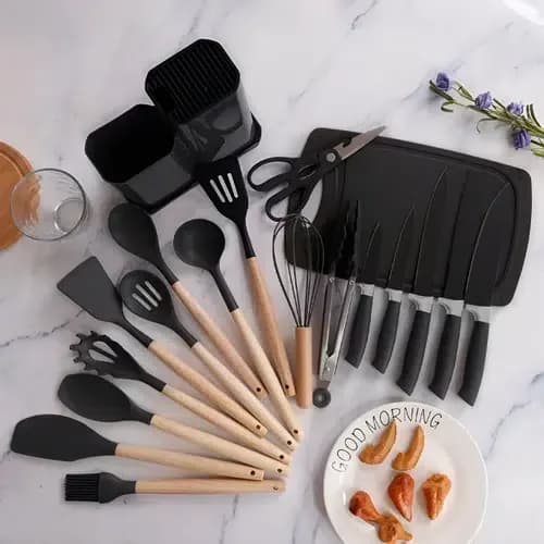 SET DE UTENSILIOS 19PCS REDONDO CROIX SILICONA+MADERA NEGRO 6