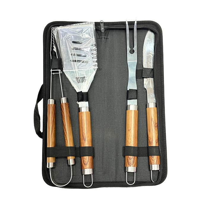 SET PARRILLA X4 PIEZAS ACERO INOX MADERA