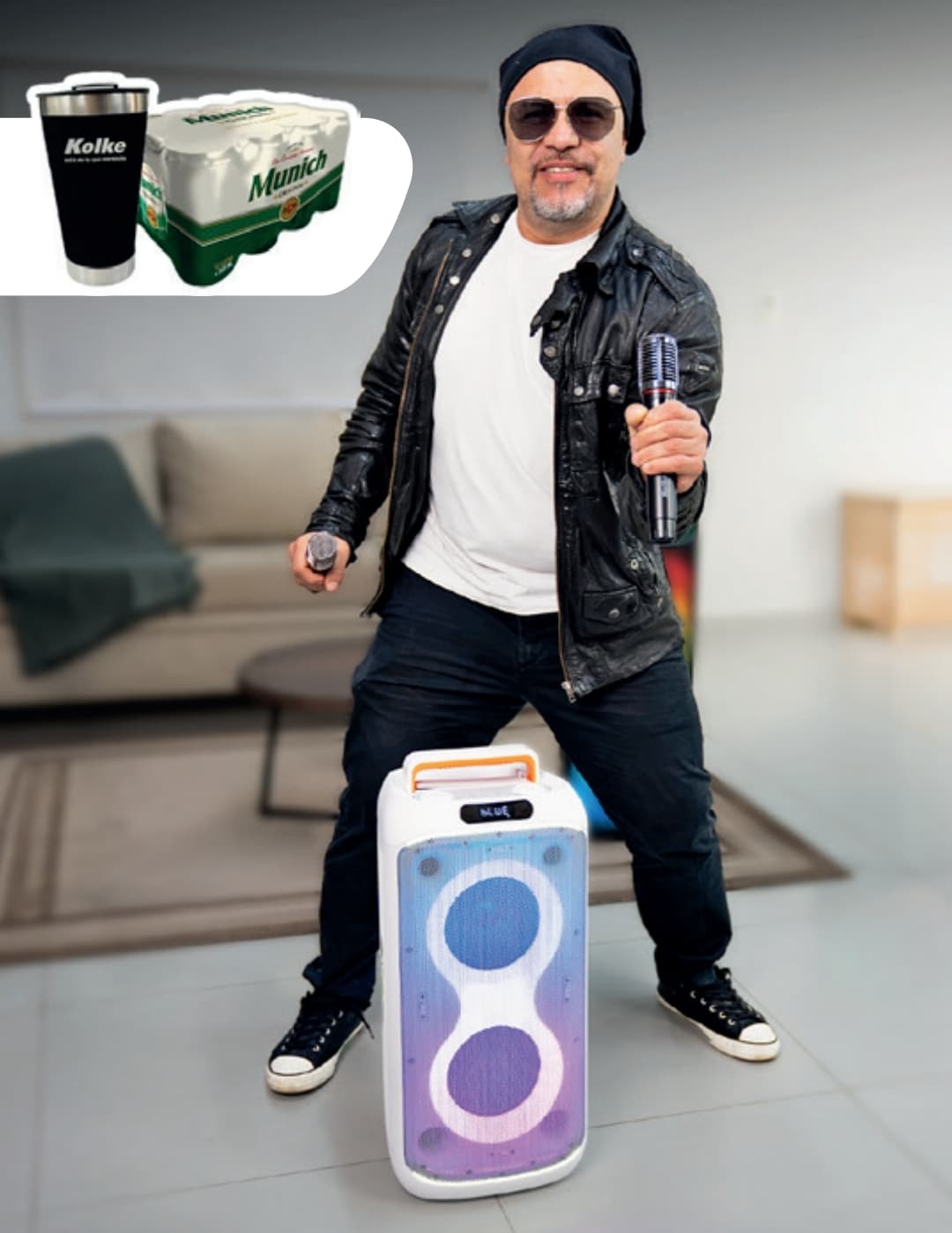 PARLANTE INALÁMBRICO DOBLE 6,5” + TWEETER 1” FEST DUO WHITE EDITION KPB-787 + VASO TÉRMICO KOLKE + PACK CERVEZA 1