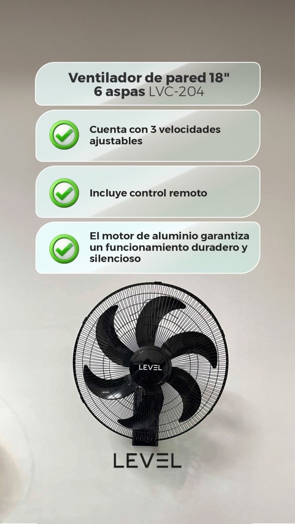 VENTILADOR DE PARED 18 6 ASPAS 3 VELOCIDADES LEVEL - Imagen 3