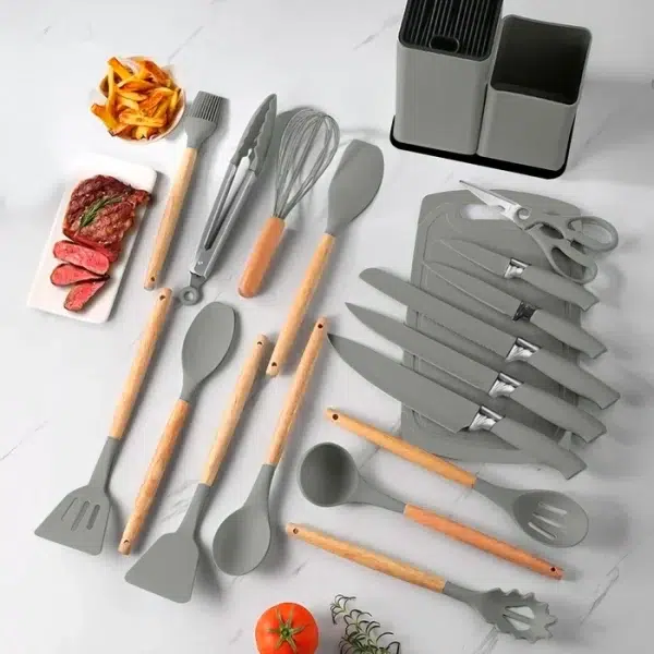 SET DE UTENSILIOS 19PCS REDONDO CROIX SILICONA+MADERA GRIS - Imagen 6