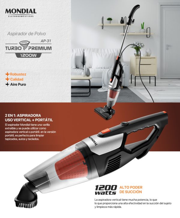 ASPIRADORA VERTICAL - BLACK TURBO PREMIUM 1200W - 2 EN 1 AP-31 - Imagen 2