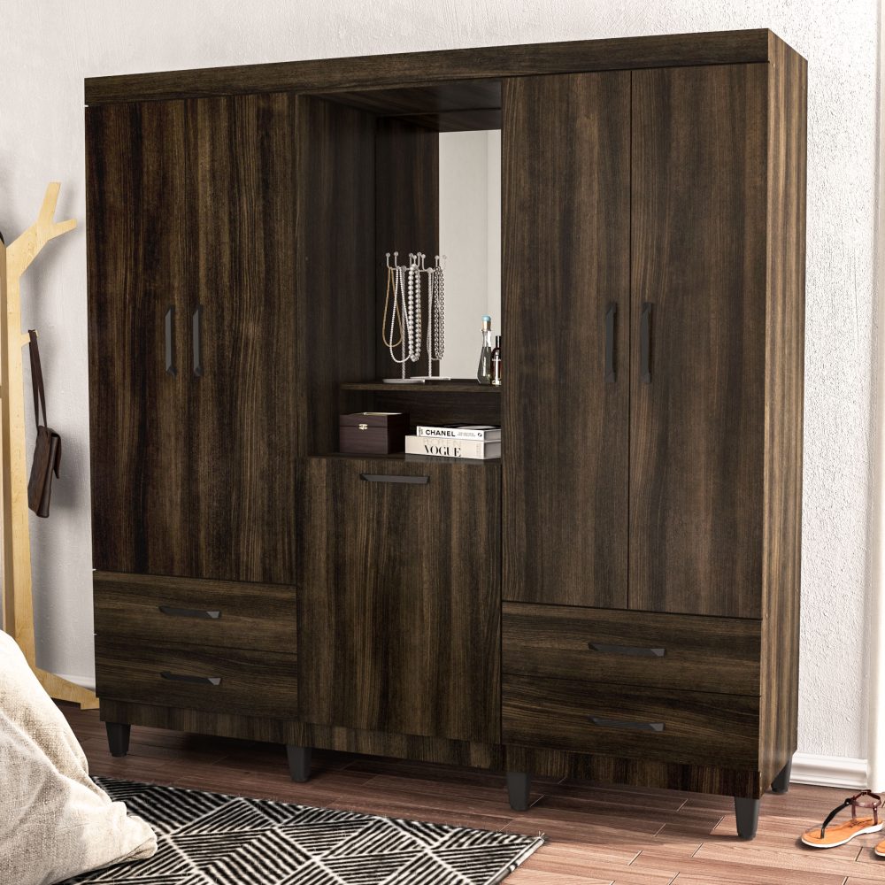 ROPERO POLITORNO ANHEMBI 5 PUERTAS CON ESPEJO Y 4 CAJONES 200072 MARRON OSCURO - Imagen 4