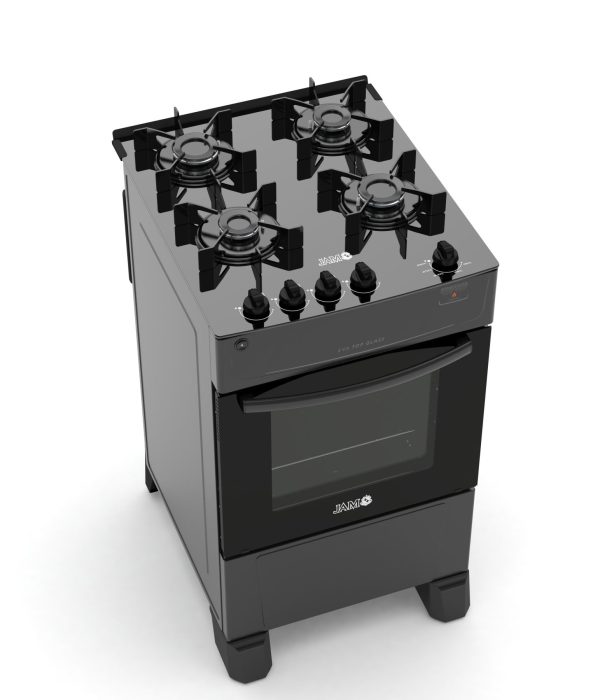 COCINA A GAS JAM EVA TOP GLASS 4HB NEGRO CON LUZ EN EL HORNO