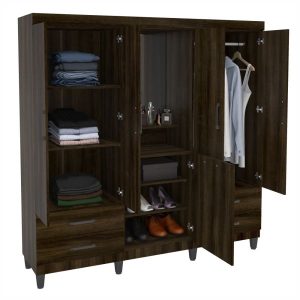 ROPERO POLITORNO ANHEMBI 5 PUERTAS CON ESPEJO Y 4 CAJONES 200072 MARRON OSCURO